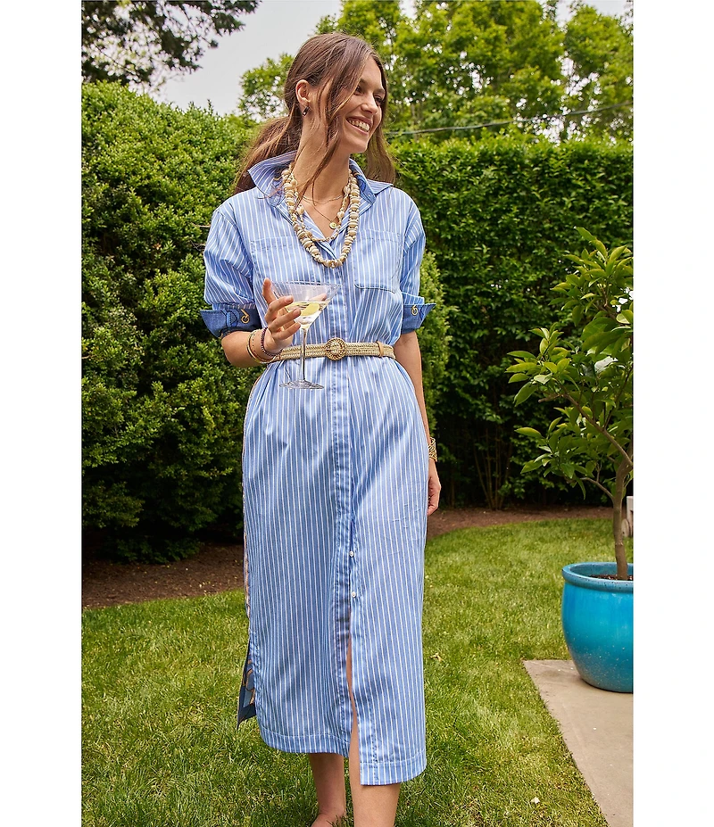 J.McLaughlin Aida Printed Catalina Cloth Split V-Neck 3/4 Sleeve Belted Midi Dress