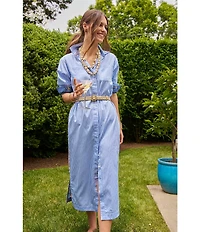 J.McLaughlin Aida Printed Catalina Cloth Split V-Neck 3/4 Sleeve Belted Midi Dress