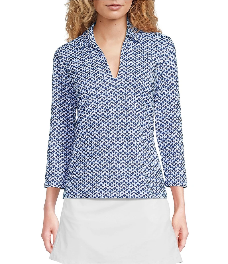 J.McLaughlin Aida Printed Catalina Cloth Split V-Neck 3/4 Sleeve Top
