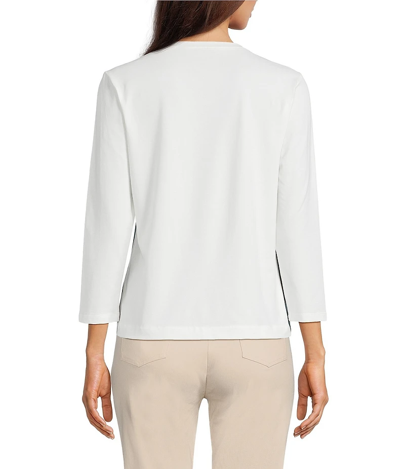 J.McLaughlin Alessandra Printed Mixed Media Crew Neck 3/4 Sleeve Top