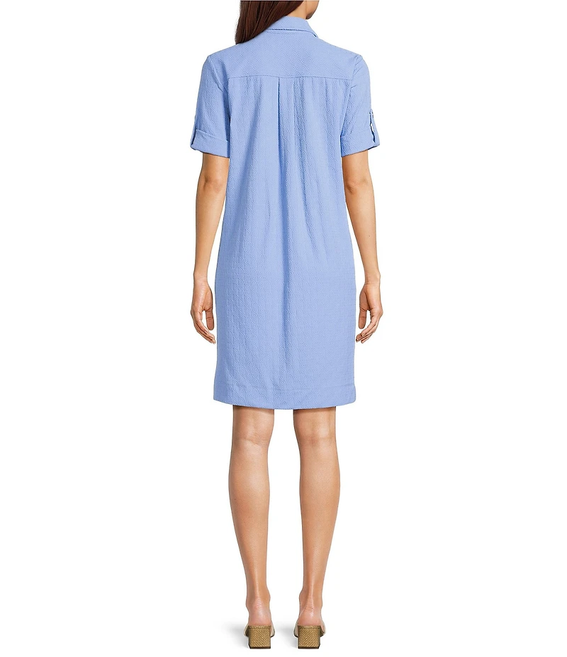J.McLaughlin Amber Chambray Riptide Jacquard Point Collar Short Sleeve Dress