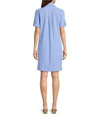 J.McLaughlin Amber Chambray Riptide Jacquard Point Collar Short Sleeve Dress
