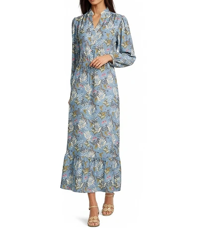 J.McLaughlin Amrita Band Collar Split V-Neck Bracelet Sleeve Ruffle Hem Maxi Dress