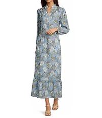 J.McLaughlin Amrita Band Collar Split V-Neck Bracelet Sleeve Ruffle Hem Maxi Dress