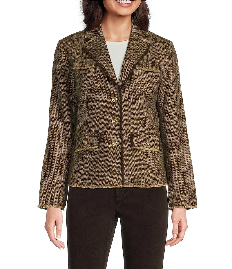 J.McLaughlin Anwen Herringbone Tweed Wool Notch Collar Long Sleeve Jacket