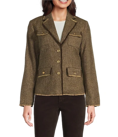 J.McLaughlin Anwen Herringbone Tweed Wool Notch Collar Long Sleeve Jacket