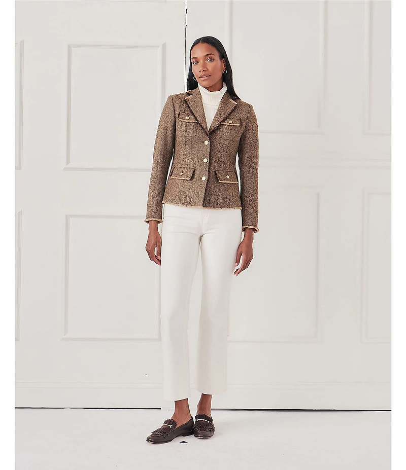 J.McLaughlin Anwen Herringbone Tweed Wool Notch Collar Long Sleeve Jacket