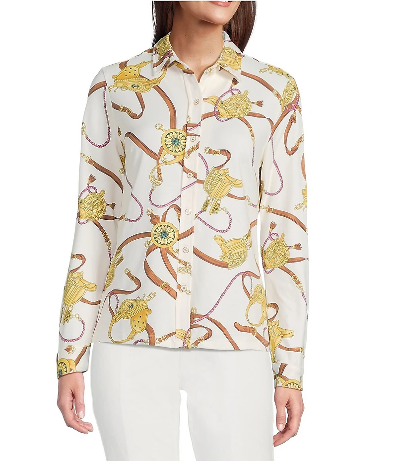 J.McLaughlin Betty Printed Catalina Cloth Point Collar Long Sleeve Button Front Top