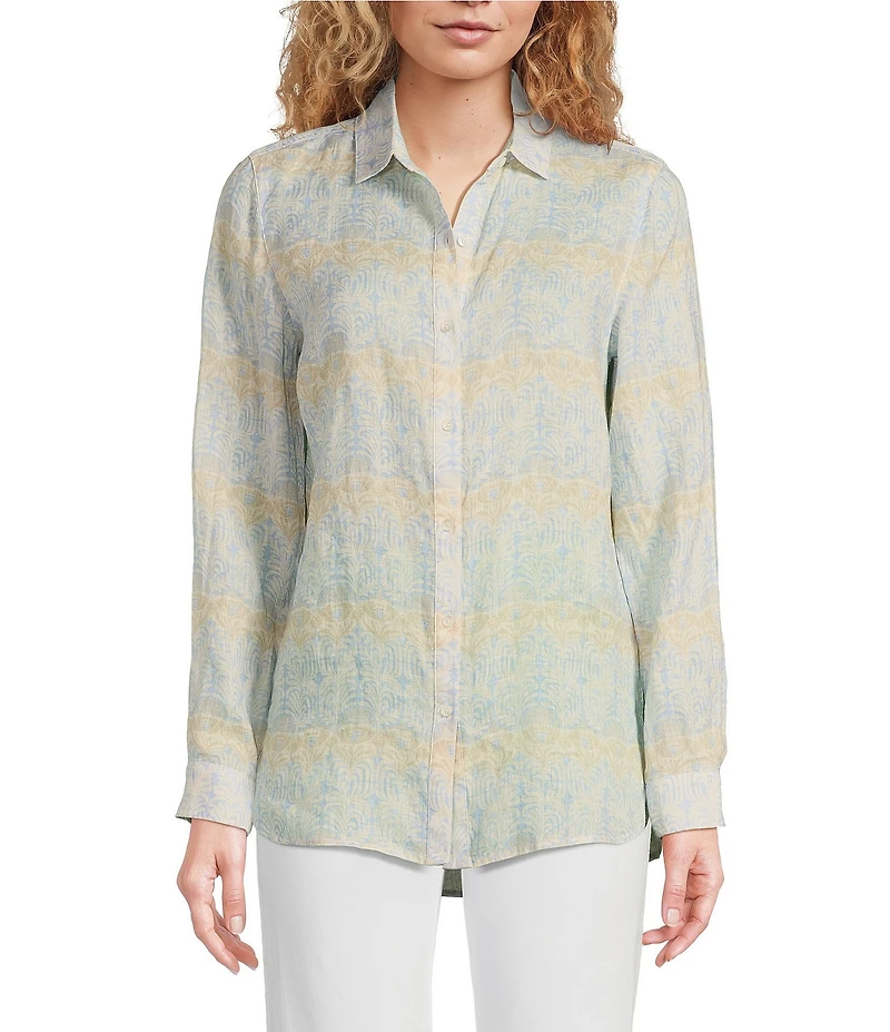 J.McLaughlin Britt Printed Airy Linen Point Collar Long Sleeve Shirt