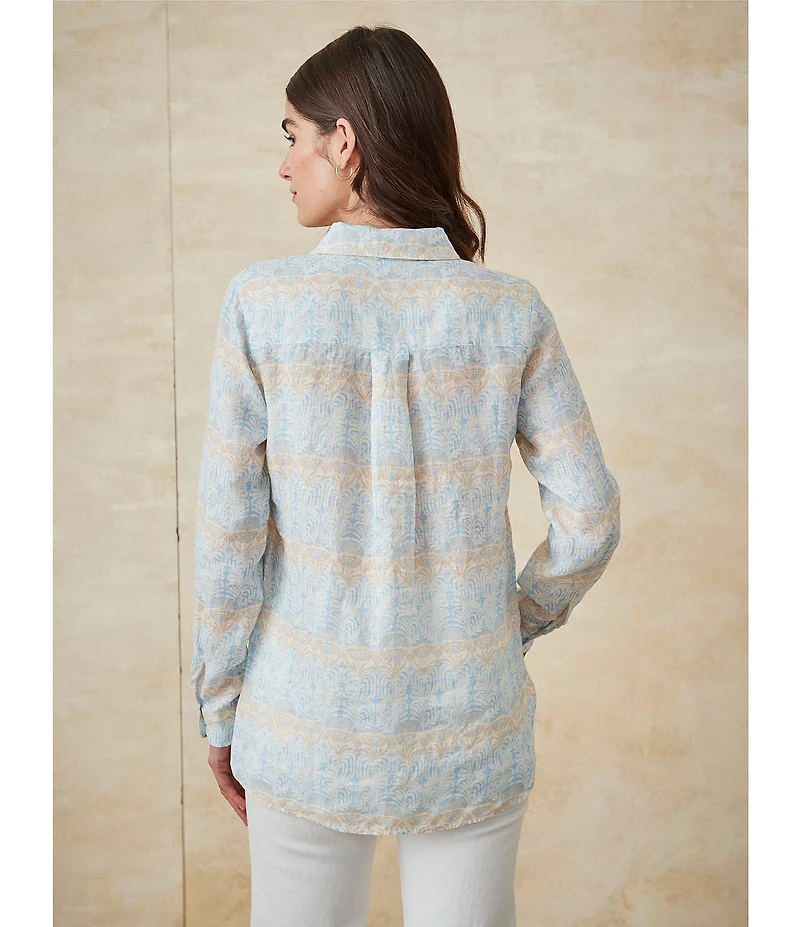 J.McLaughlin Britt Printed Airy Linen Point Collar Long Sleeve Shirt