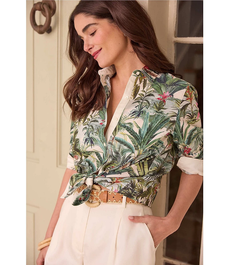 J.McLaughlin Britt Tropical Floral Print Mandarin Collar Long Sleeve Button Front Blouse