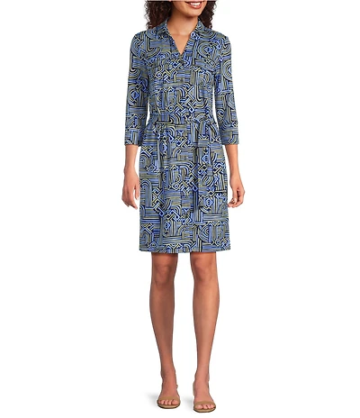 J.McLaughlin Brynn Abstract Printed Knit Point Collar 3/4 Sleeve Button Front Shirt Dress