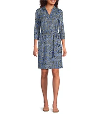 J.McLaughlin Brynn Abstract Printed Knit Point Collar 3/4 Sleeve Button Front Shirt Dress