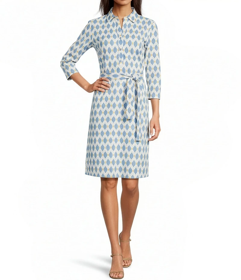 J.McLaughlin Calla Printed Catalina Cloth Point Collar 3/4 Sleeve Tie Waist Dress