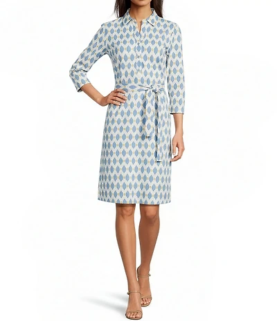 J.McLaughlin Calla Printed Catalina Cloth Point Collar 3/4 Sleeve Tie Waist Dress