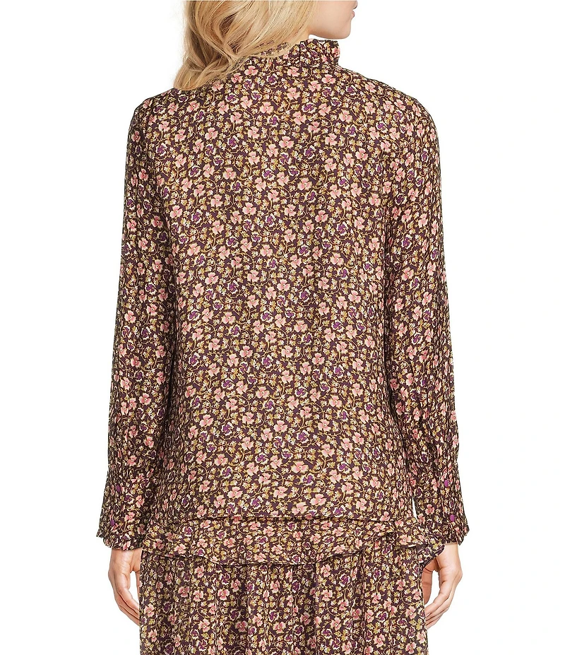 J.McLaughlin Coordinating Cecilia Floral Print Ruffle Split V-Neck Bracelet Sleeve Blouse