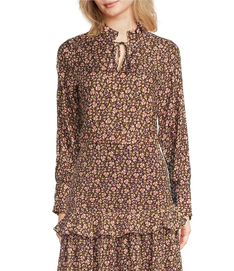 J.McLaughlin Coordinating Cecilia Floral Print Ruffle Split V-Neck Bracelet Sleeve Blouse