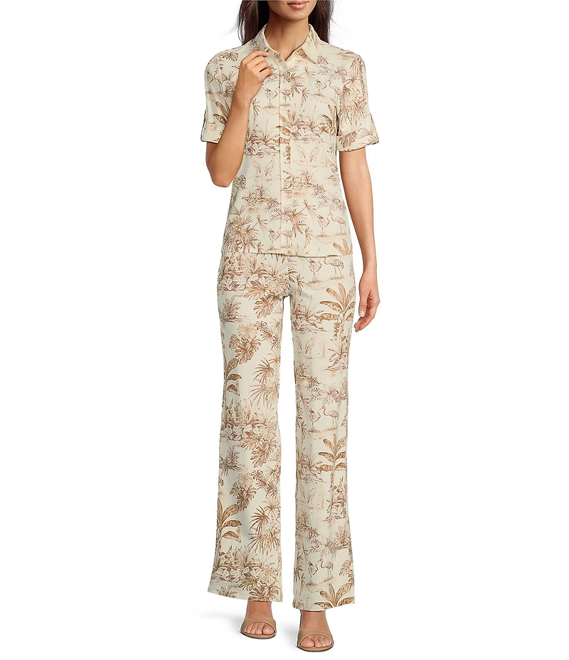 J.McLaughlin Coordinating Carmel Print Catalina Cloth Elastic Waist Straight Leg Pull On Pants