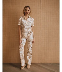 J.McLaughlin Coordinating Carmel Print Catalina Cloth Elastic Waist Straight Leg Pull On Pants
