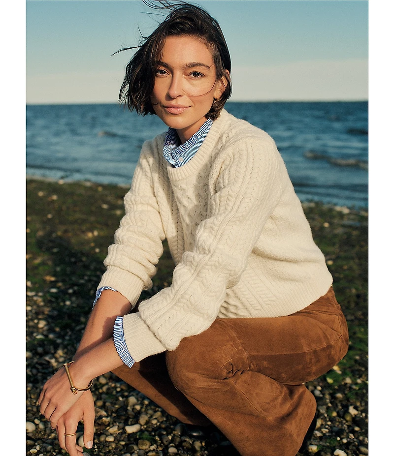 J.McLaughlin Crew Neck Long Sleeve Cotton Aran Cable Knit Sweater