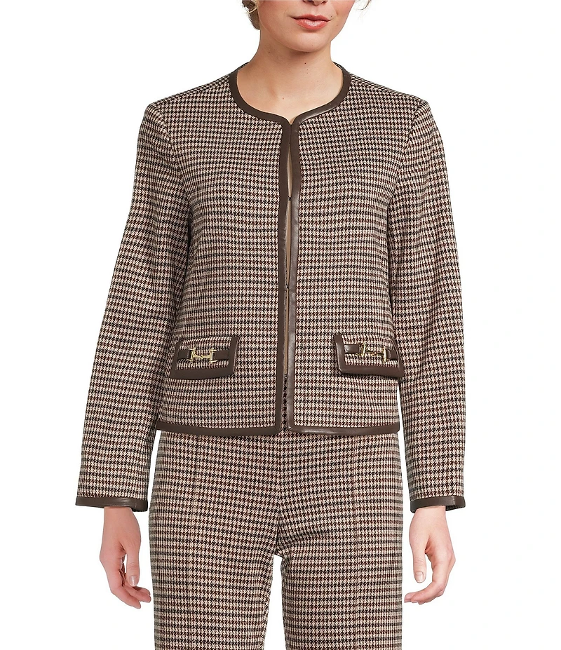 J.McLaughlin Cyna Plaid Print Round Neck Long Sleeve Buckle Trim Jacket