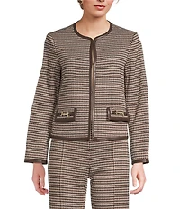 J.McLaughlin Cyna Plaid Print Round Neck Long Sleeve Buckle Trim Jacket