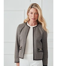 J.McLaughlin Cyna Plaid Print Round Neck Long Sleeve Buckle Trim Jacket