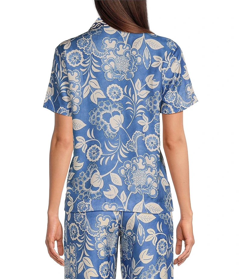 J.McLaughlin Floral Print Silky Collar V-Neck Short Sleeve Coordinating Top