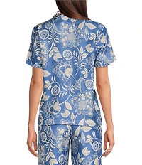 J.McLaughlin Floral Print Silky Collar V-Neck Short Sleeve Coordinating Top