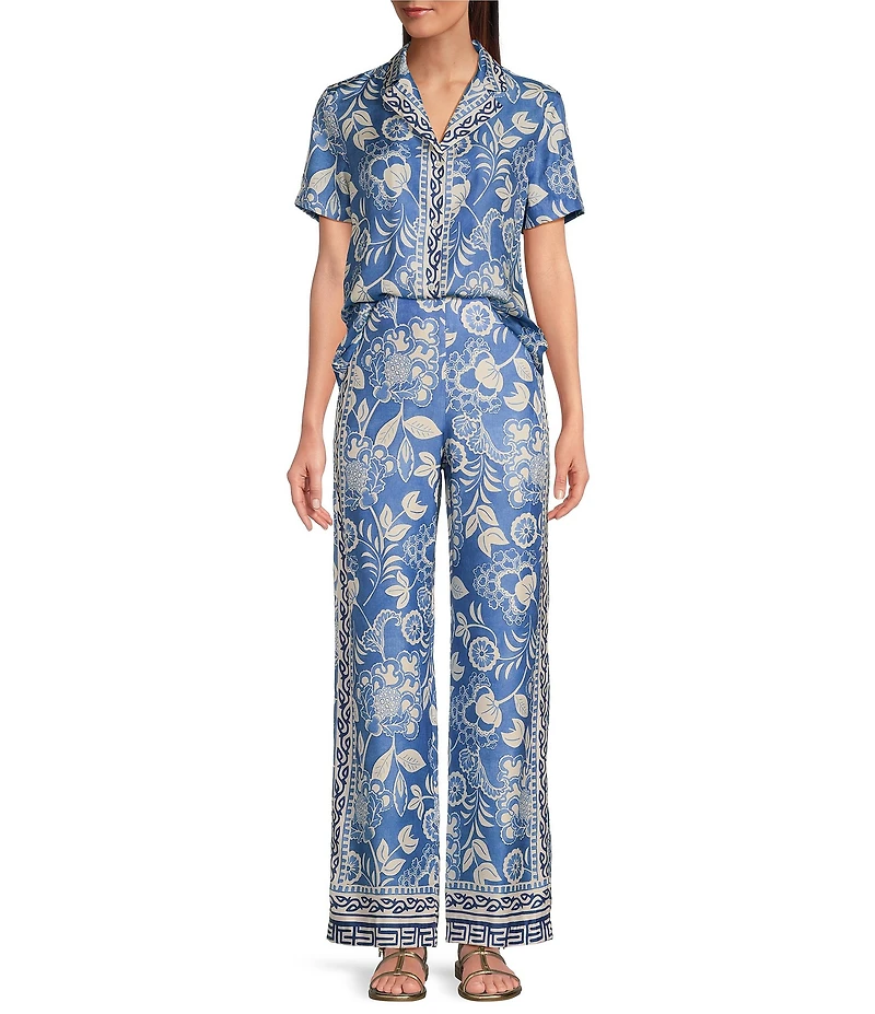 J.McLaughlin Floral Print Silky Collar V-Neck Short Sleeve Coordinating Top