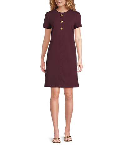 J.McLaughlin Florence Knit Round Neck Short Sleeve Button Front Scallop A-Line Dress