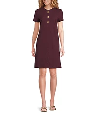 J.McLaughlin Florence Knit Round Neck Short Sleeve Button Front Scallop A-Line Dress