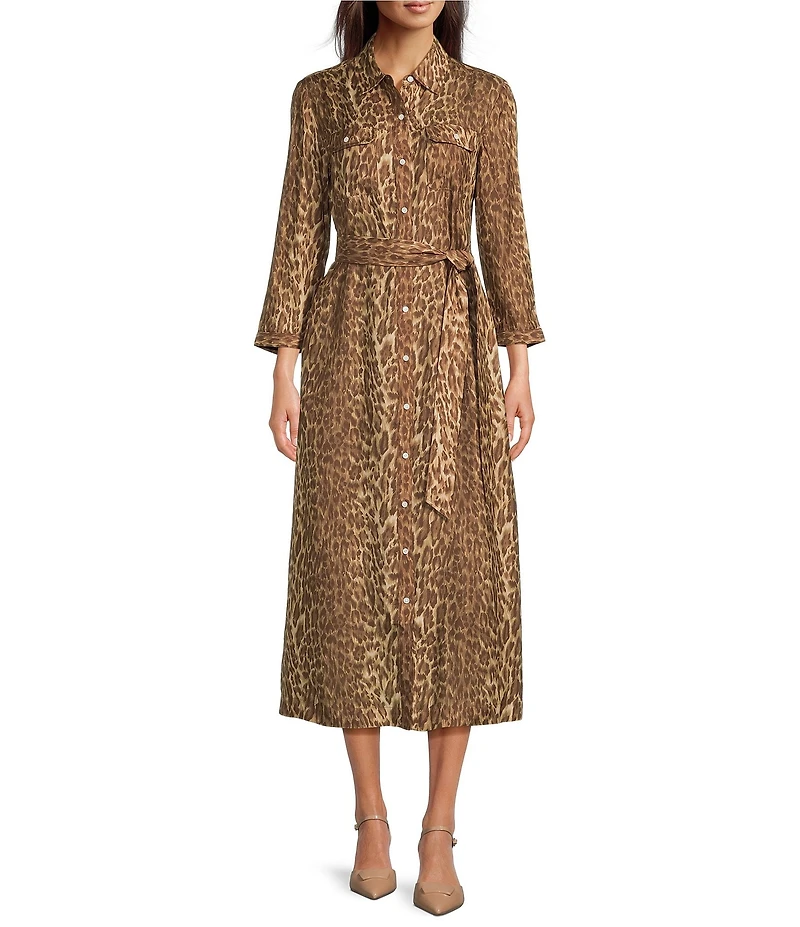 J.McLaughlin Freda Animal Print Woven Point Collar 3/4 Sleeve Button Front Midi Shirt Dress