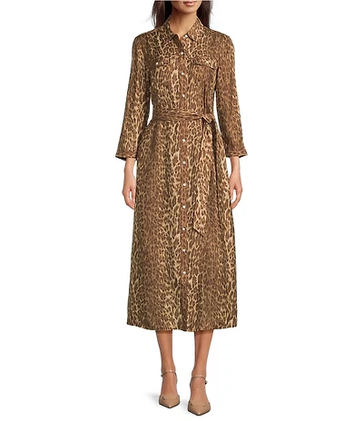 J.McLaughlin Freda Animal Print Woven Point Collar 3/4 Sleeve Button Front Midi Shirt Dress