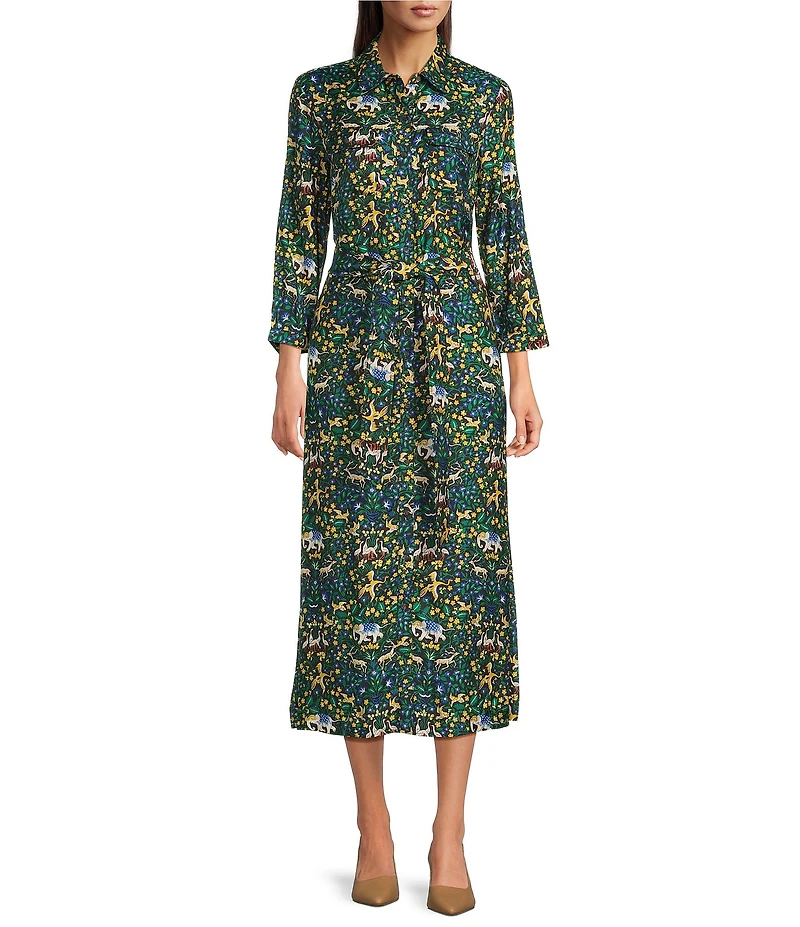 J.McLaughlin Freda Floral Print Woven Point Collar 3/4 Sleeve Button Front Maxi Shirt Dress