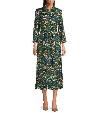 J.McLaughlin Freda Floral Print Woven Point Collar 3/4 Sleeve Button Front Maxi Shirt Dress