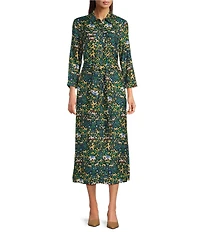 J.McLaughlin Freda Floral Print Woven Point Collar 3/4 Sleeve Button Front Maxi Shirt Dress