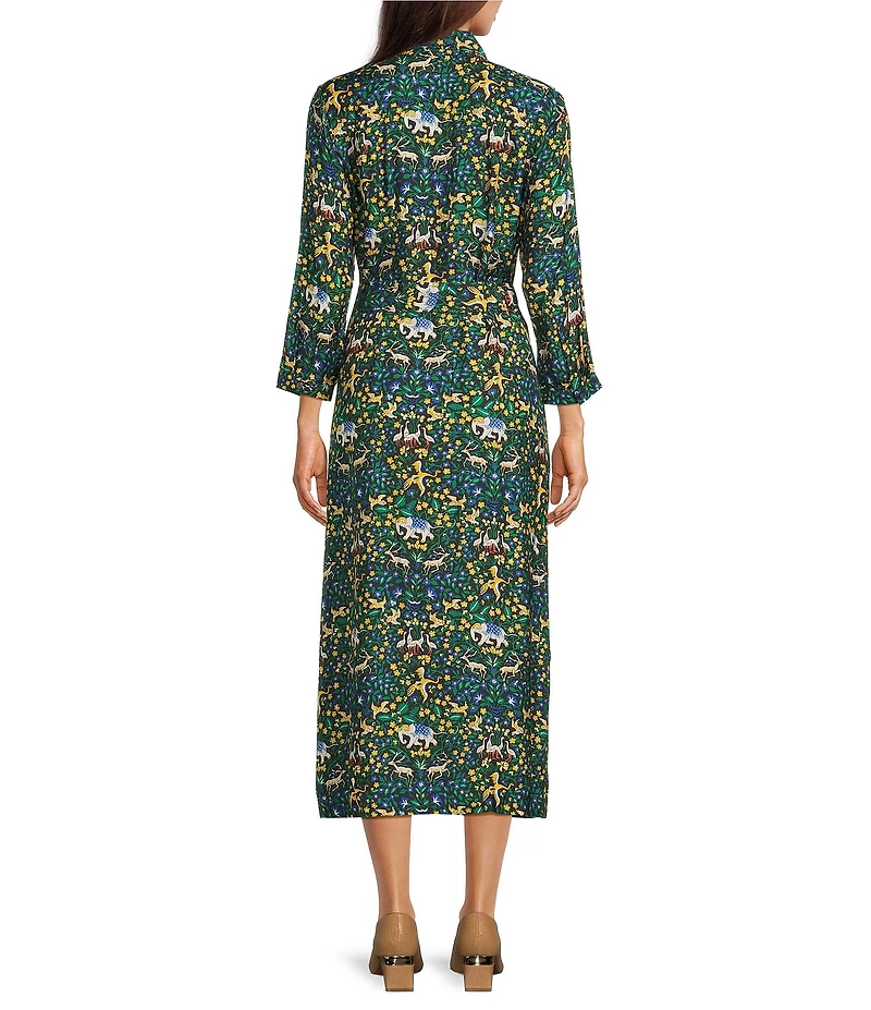 J.McLaughlin Freda Floral Print Woven Point Collar 3/4 Sleeve Button Front Maxi Shirt Dress