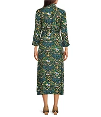 J.McLaughlin Freda Floral Print Woven Point Collar 3/4 Sleeve Button Front Maxi Shirt Dress