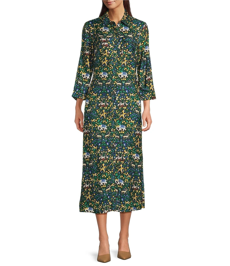 J.McLaughlin Freda Floral Print Woven Point Collar 3/4 Sleeve Button Front Maxi Shirt Dress