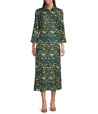 J.McLaughlin Freda Floral Print Woven Point Collar 3/4 Sleeve Button Front Maxi Shirt Dress