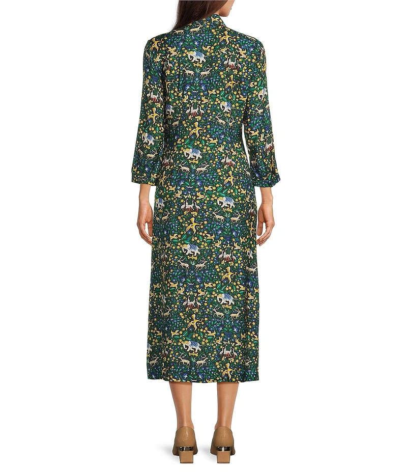 J.McLaughlin Freda Floral Print Woven Point Collar 3/4 Sleeve Button Front Maxi Shirt Dress