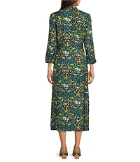 J.McLaughlin Freda Floral Print Woven Point Collar 3/4 Sleeve Button Front Maxi Shirt Dress