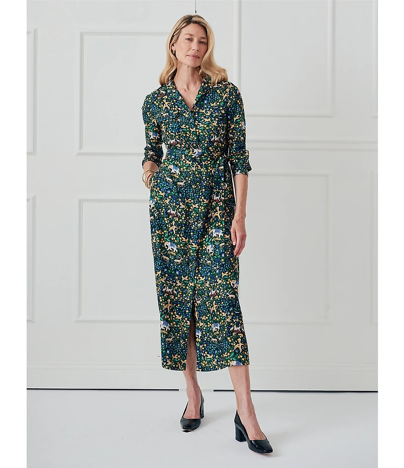 J.McLaughlin Freda Floral Print Woven Point Collar 3/4 Sleeve Button Front Maxi Shirt Dress