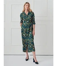 J.McLaughlin Freda Floral Print Woven Point Collar 3/4 Sleeve Button Front Maxi Shirt Dress
