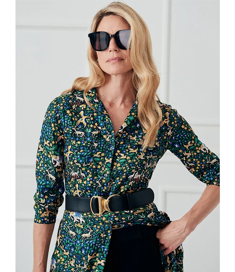 J.McLaughlin Freda Floral Print Woven Point Collar 3/4 Sleeve Button Front Maxi Shirt Dress