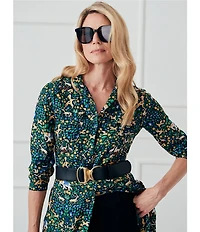 J.McLaughlin Freda Floral Print Woven Point Collar 3/4 Sleeve Button Front Maxi Shirt Dress