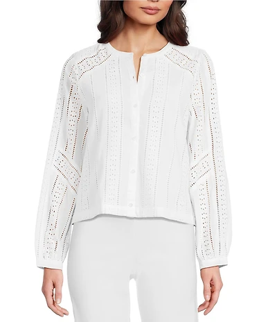 J.McLaughlin Hazel Eyelet Split V-Neck Long Blouson Sleeve Button Front Blouse