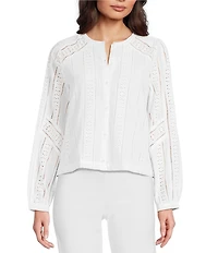 J.McLaughlin Hazel Eyelet Split V-Neck Long Blouson Sleeve Button Front Blouse