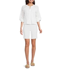 J.McLaughlin Hazel Eyelet Split V-Neck Long Blouson Sleeve Button Front Blouse